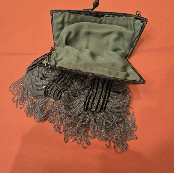 Art Deco Beaded Flapper Purse, Black W/ CLEAR  BEADS Lined Party Wedding Perfect - Picture 7 of 12